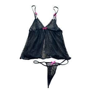 Black Sheer Swiss Dot Babydoll Lingerie Set Pink Bows G-String Y2K Coquette XS/S